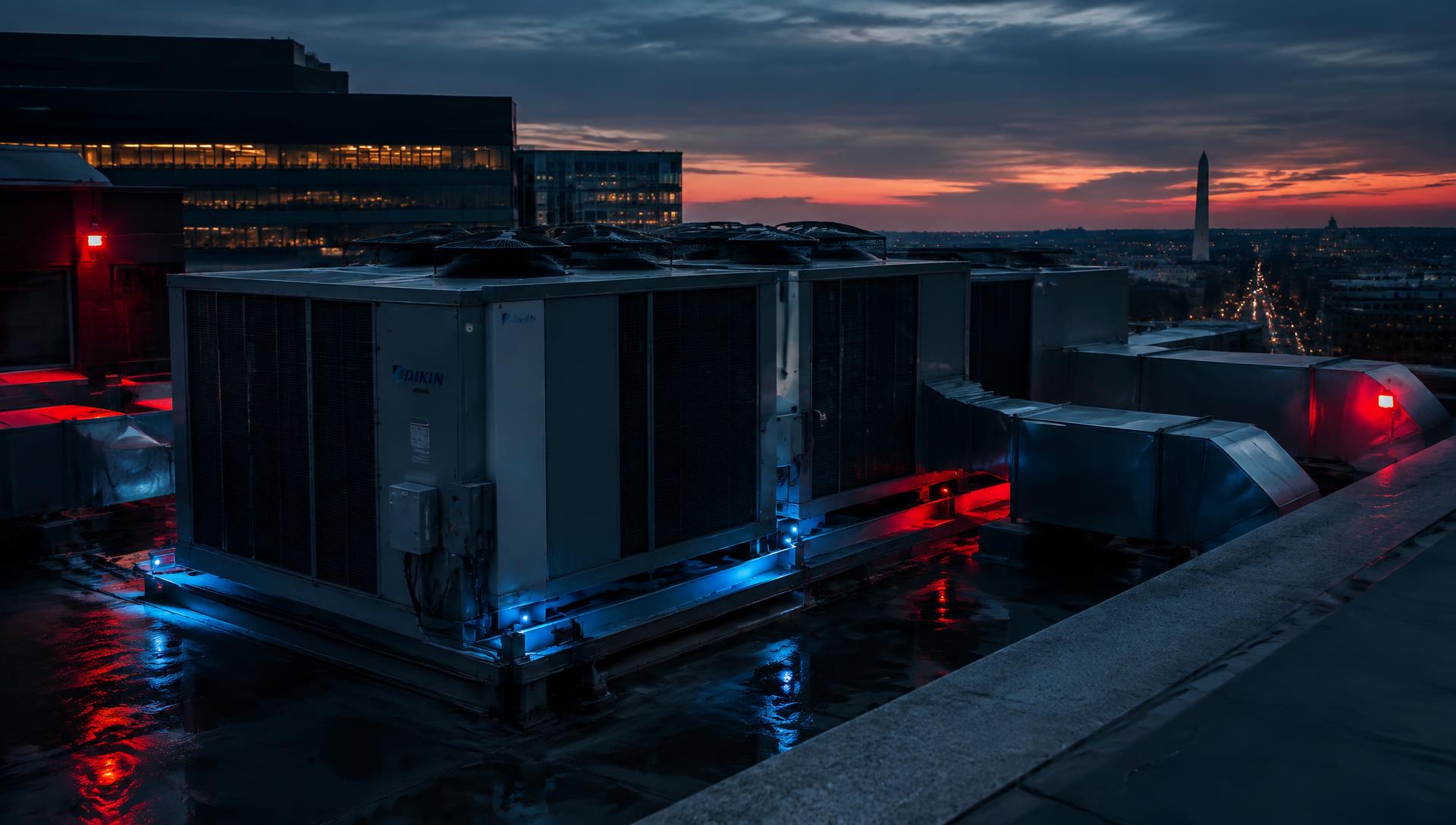 Commercial rooftop HVAC units overlooking Washington, DC